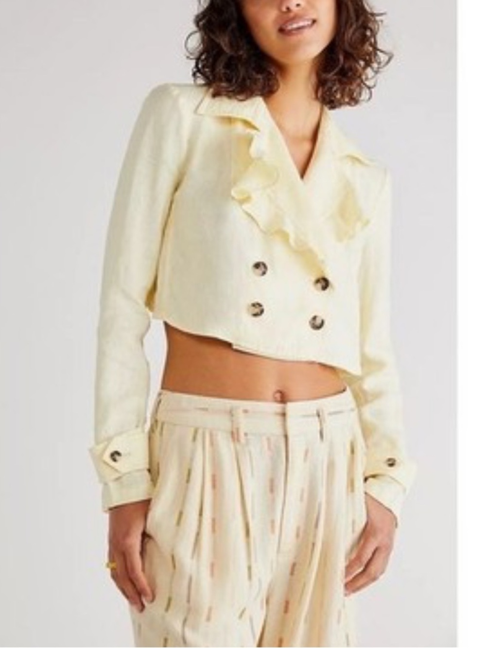 Free People Bennie Crop Blazer 100% Linen Sun Yellow Large Crossover Back